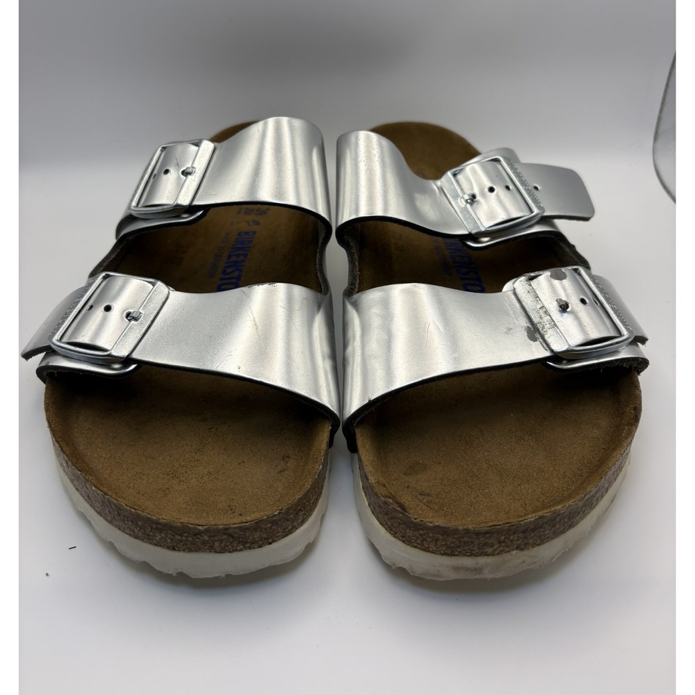 Birkenstock Arizona Metallic Silver Soft Footbed Sandals EU 39 L8 M6 Regular - Picture 6 of 9